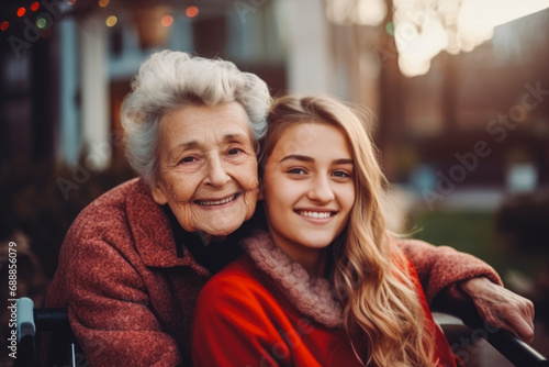 Teenage granddaughter hugs old grandmother at home. Blurred background. Family moment and grandma.