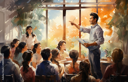 Illustration of white man speaking on the meeting