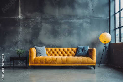 Tufted mustard color sofa near floor to ceiling window against dark concrete wall. Loft home interior design of modern living room. Minimalistic living room.