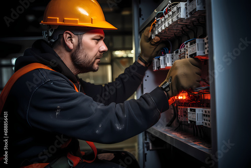 Male commercial electrician at work on a fuse box photo