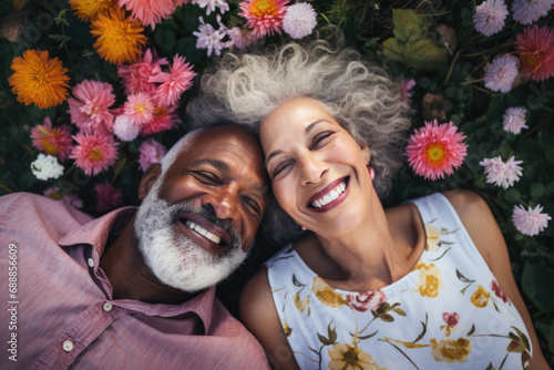 Happy diverse senior couple lying on grass with flowers.