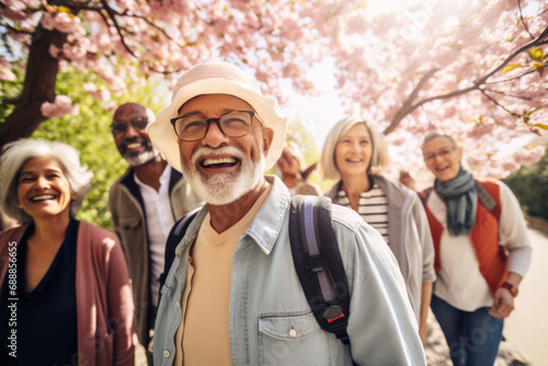 Group of happy senior people walking in spring park.