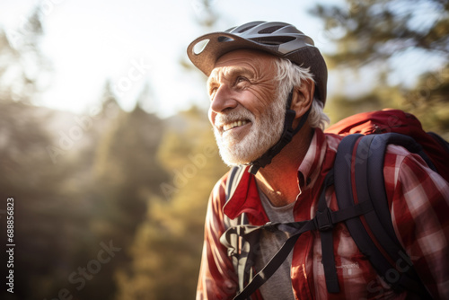 Outdoors portrait of smiling senior man wearing sports helmet.