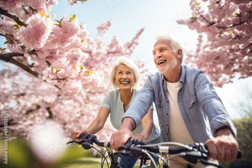 Happy active senior couple riding bikes in park with blooming trees.