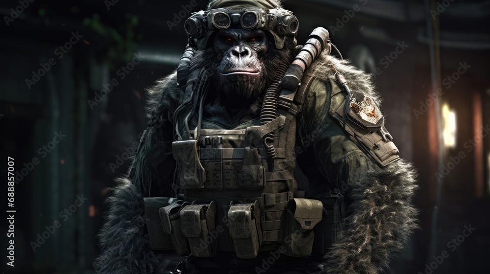 Gorilla dressed as a war soldier. Created with Generative AI.