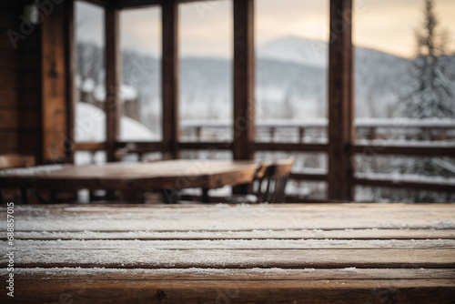  Empty old wooden table with winter theme in background  © Lazy Dog