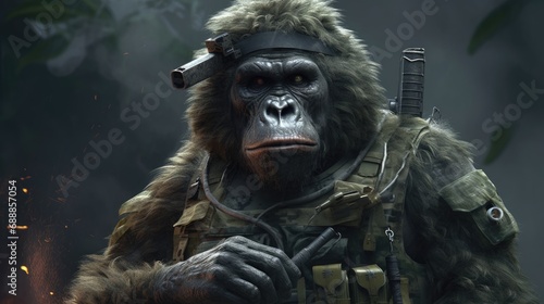 Gorilla dressed as a war soldier. Created with Generative AI.