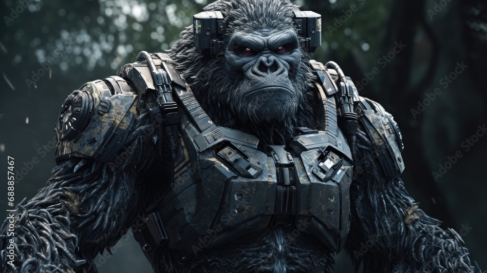 Fototapeta premium cyberpunk gorilla mercenary. Created with Generative AI. 