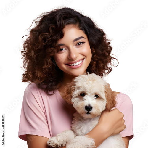 Happy young woman with hugging cute puppy, smiling as pet owner holding dog with love and care in studio, isolated on transparent background Generative AI