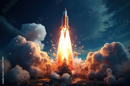 A rocket launching into space, reaching new heights. Generative AI. photo
