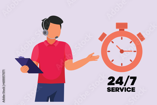 Man during work calls. Customer service and support concept. Colored flat vector illustration isolated.