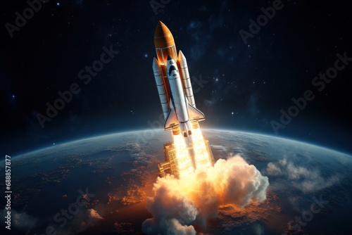 A rocket launching into space  reaching new heights. Generative AI.
