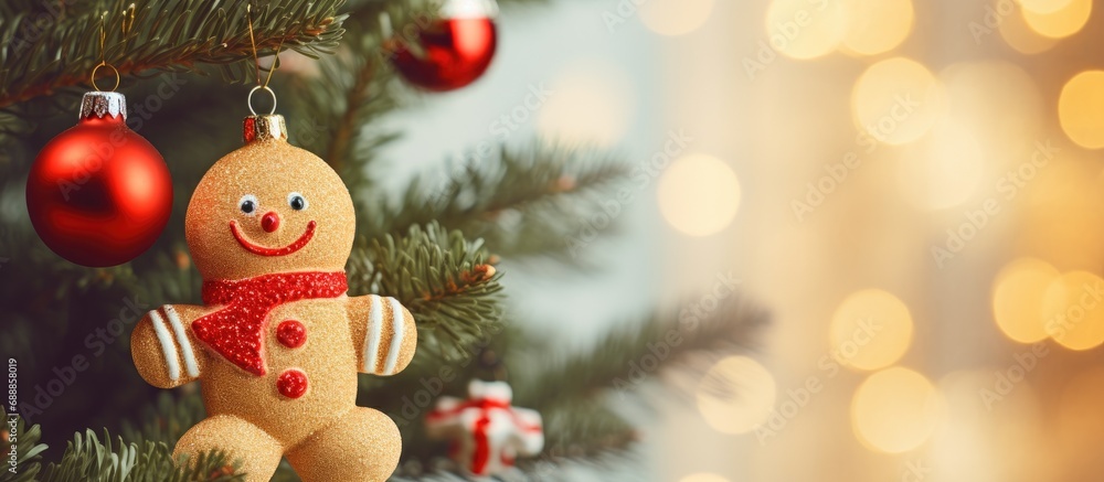 Festive decorations include a gift-adorned toy snowman on a Christmas tree. Festive decorations include a gift-adorned toy snowman on a Christmas tree.