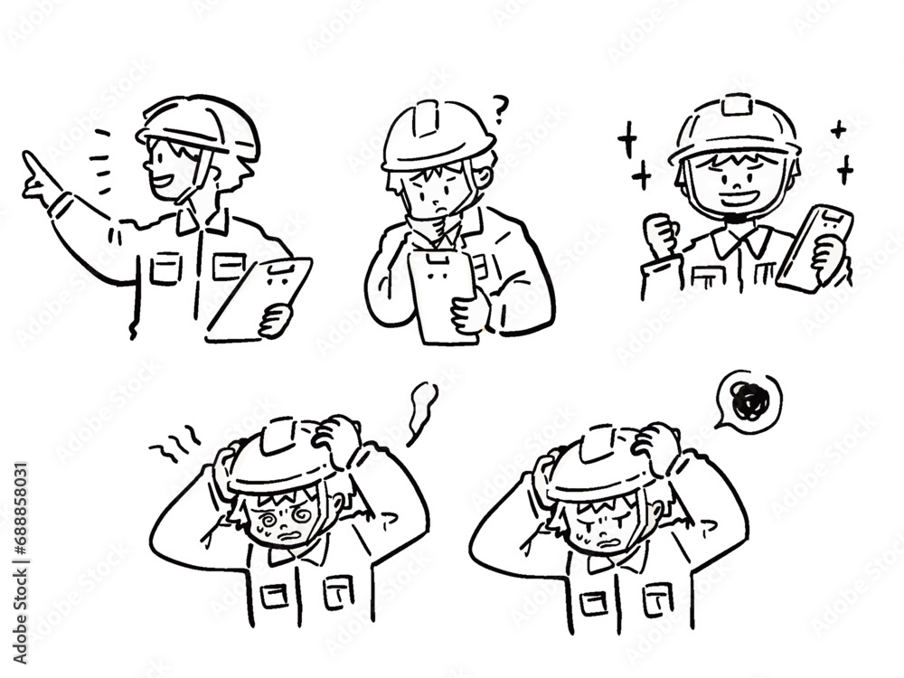 いろいろな現場作業員の手描き風イラストセット　線画　バストアップ