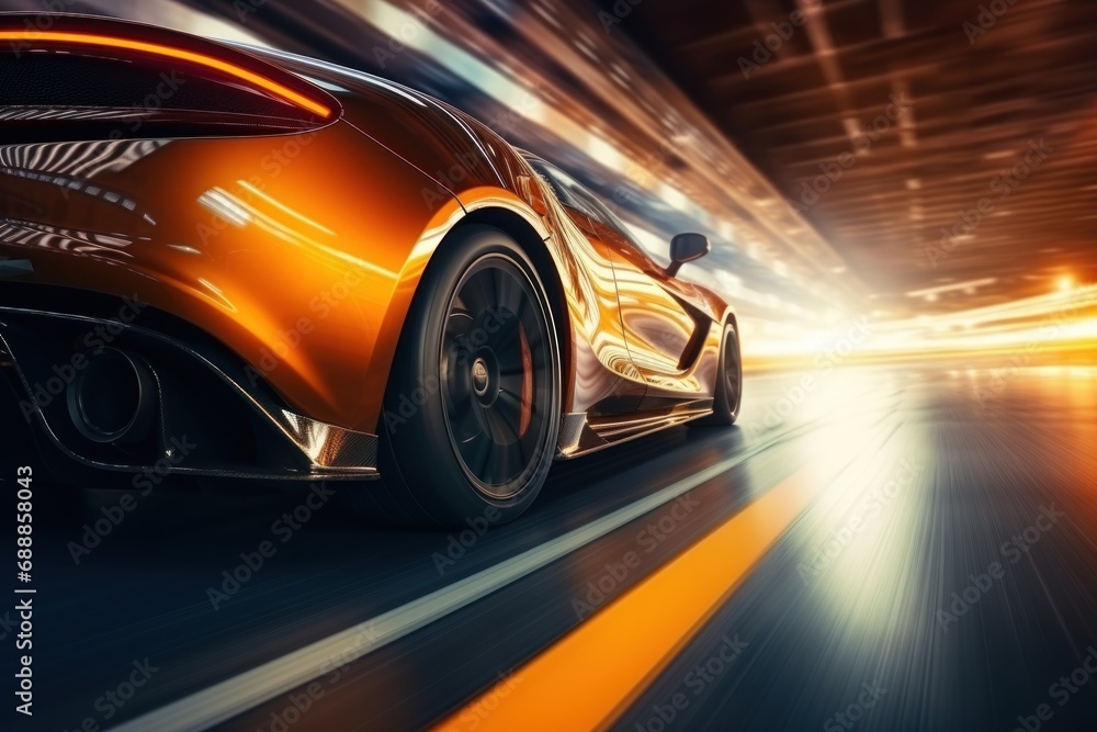 Fototapeta premium Motion blur shot, curve tail light drifting car wheels.