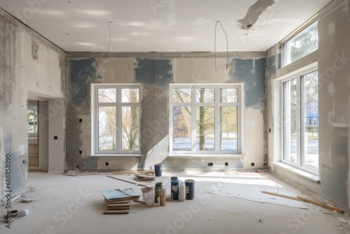 Renovation and modernization with flattened drywall walls in a condo room. Generative AI.. photo