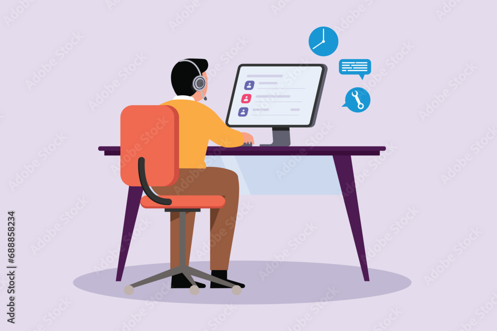 Man during work calls. Customer service and support concept. Colored flat vector illustration isolated. Man during work calls. Customer service and support concept. Colored flat vector illustration isolated.