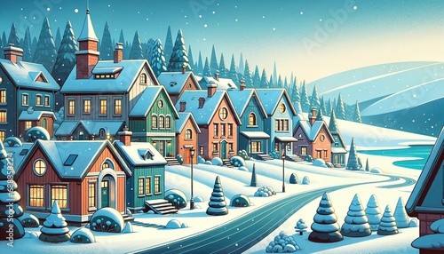Winter Village Scene with Snow-Covered Houses and Christmas Decorations   © Epik Stock