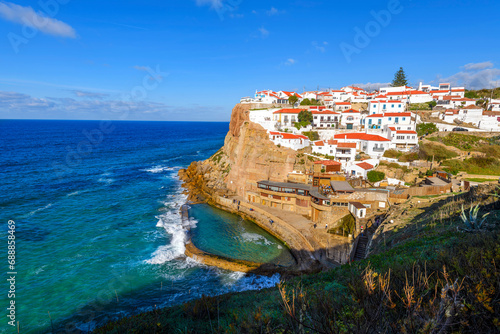 Cliffside view of the scenic seaside town of Azenhas do Mar, Portugal, along the Atlantic coast of the Colares district and in the general Sintra, Lisbon region. photo
