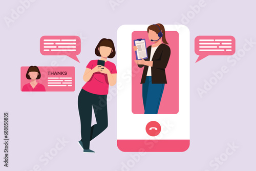 Woman during work calls. Customer service and support concept. Colored flat vector illustration isolated.