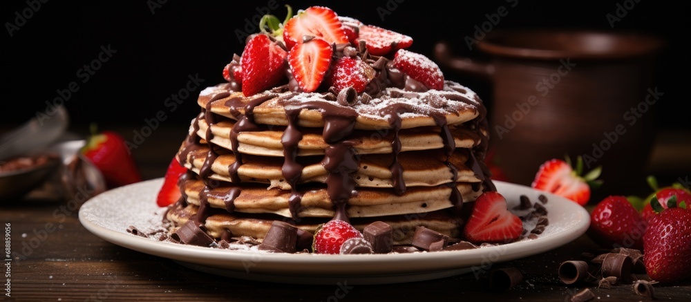 Strawberry-topped, Nutella-filled pancakes with focused decoration.