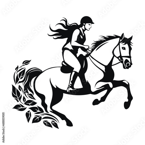 Galloping Woman on Horse – Elegant Black Vector Illustration of a Female Rider in Motion for Equestrian Poster, Tattoo, or Logo Art ¥