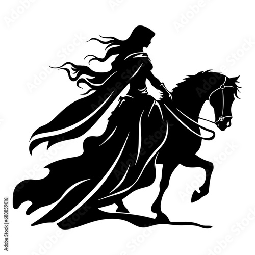 Heroic Silhouette of Woman in Flowing Cape Riding Trotting Horse – Elegant Black Vector Illustration for Poster, Tattoo or Fantasy Art Design ¥