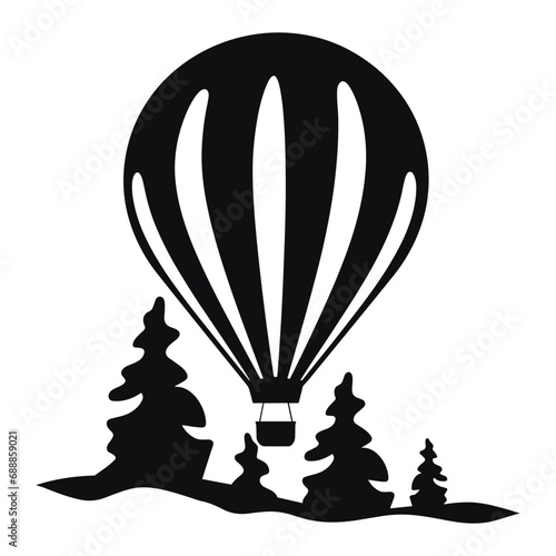 Hot air balloon flying over the landscape, black and white vector logo design, isolated against white background, ¥