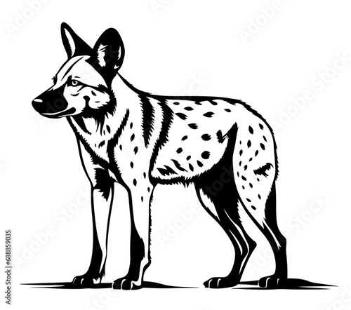 African Wild Dog in Black Ink – Stylized Vector of Endangered Carnivore Standing Still ¥