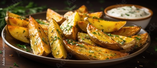 Golden oven roasted potato wedges served with a rustic, selective focus white garlic and herb dipping sauce on a plate.