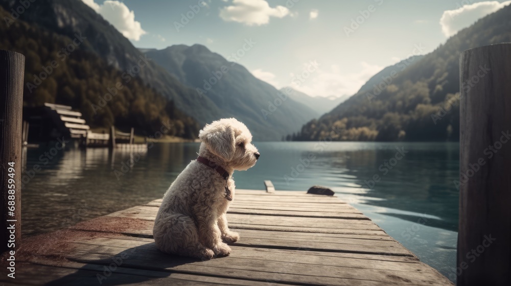 dog standing on the dock of a lake. Created with generative AI. - obrazy, fototapety, plakaty 