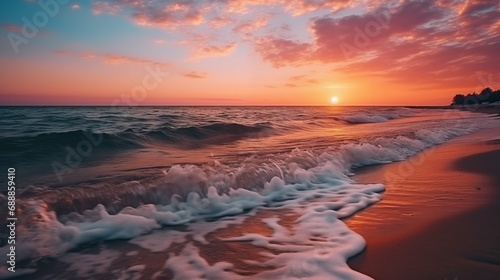 A stunning sunset over the ocean, with waves crashing against the shore. Nature's beauty at its finest.