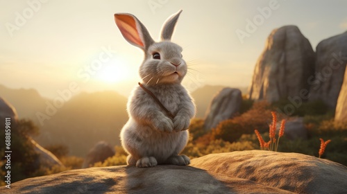 Cute bunny on a mountain at sunset. Created with Generative AI.