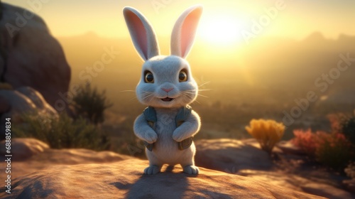 Cute bunny on a mountain at sunset. Created with Generative AI. © lchumpitaz