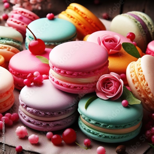 Colorful macaroons on a wooden background
