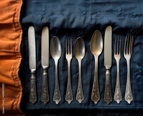 A silver cutlery case with silverware, dark indigo and dark bronze, staining, soviet, unsettling mood.