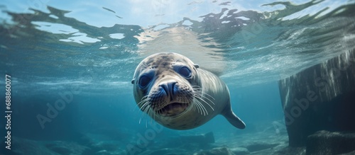 Scandinavian sea lion or harbor seal (Phoca vitulina) thriving in the cold sea, as well as common seals along the Arctic coastline.