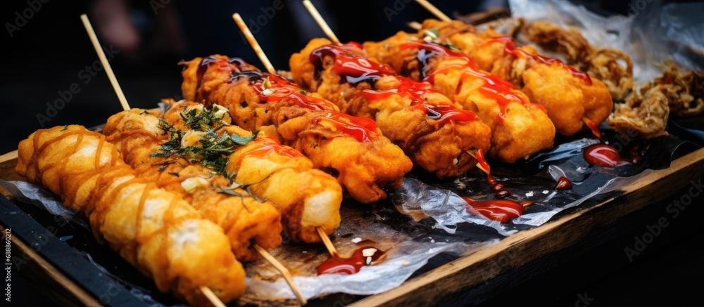 Deep-fried snacks served on a board at a street food festival.