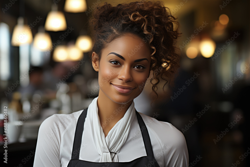 Fototapeta premium Black happy waitress in apron