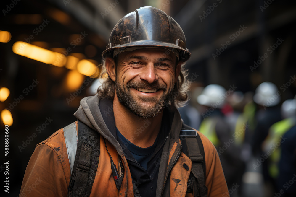 Welder worker smiling in front of other workers Welder worker smiling in front of other workers