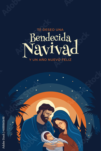 Escena de Nochebuena. Nacimiento de jesucristo. Feliz navidad. Sagrada Familia