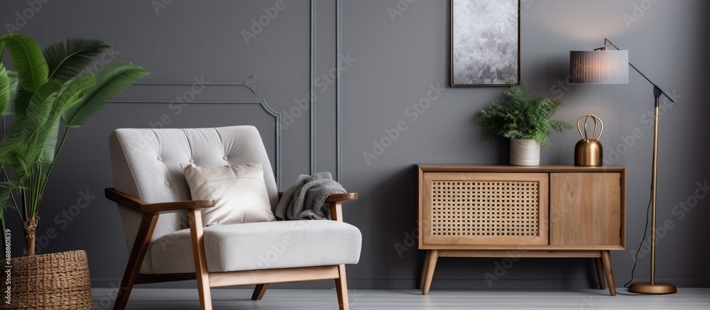 Stylishly decorate living room with chic chair, wooden desk, plants, cube, lamp, mock up poster frame, macrame, and elegant accessories. Gray walls. Stylishly decorate living room with chic chair, wooden desk, plants, cube, lamp, mock up poster frame, macrame, and elegant accessories. Gray walls.