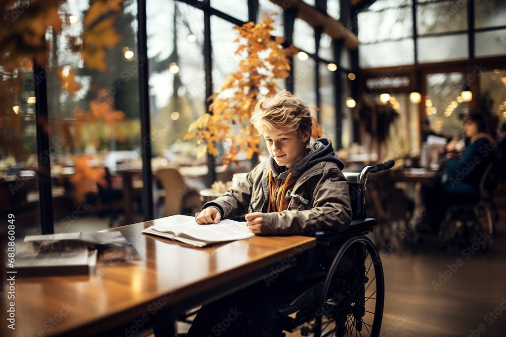 A disabled boy in a wheelchair studying in a library.