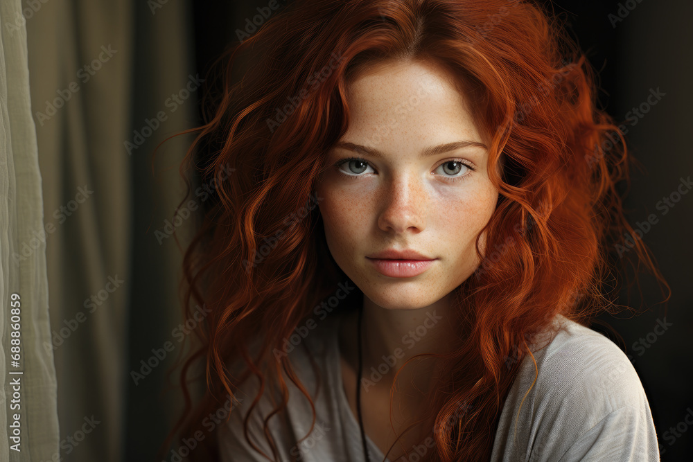Young girl with red hair sitting in her room Young girl with red hair sitting in her room