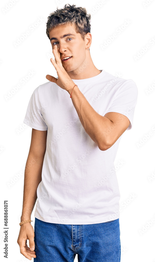 Young handsome man wearing casual white tshirt hand on mouth telling secret rumor, whispering malicious talk conversation Young handsome man wearing casual white tshirt hand on mouth telling secret rumor, whispering malicious talk conversation