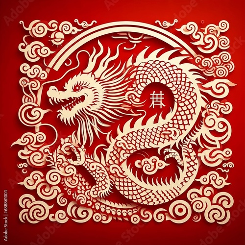 Chinese dragon papercut style red background with for new year 2024 animal year. Chinese translation Chinese year of the dragon created with generative ai