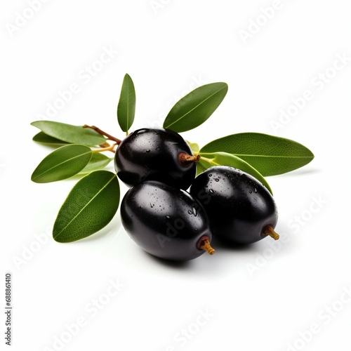 Ripe Black Olives with Leaves Isolated on White Background. Generative ai