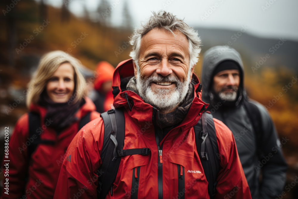 Smiling instructor guy posing in front of other mountaineer Smiling instructor guy posing in front of other mountaineer