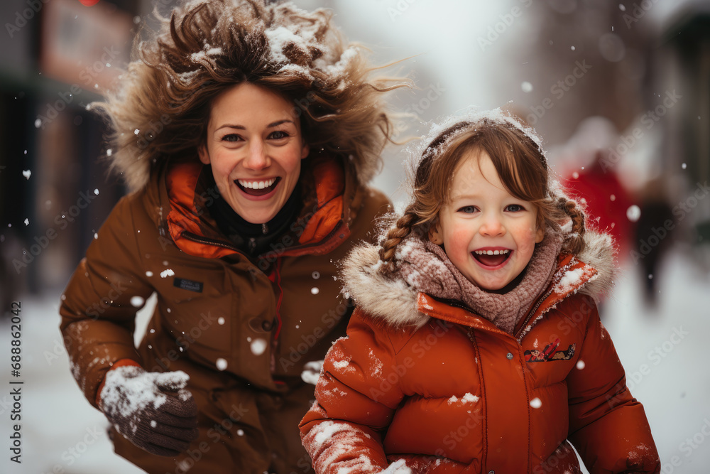 Mother playing with her daughter on winter time Mother playing with her daughter on winter time