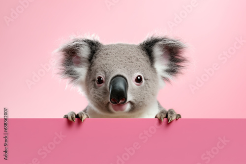 Funny koala isolated on light pink background. Concept of funny animals from zoo or safari. Banner with koala and copy space. photo